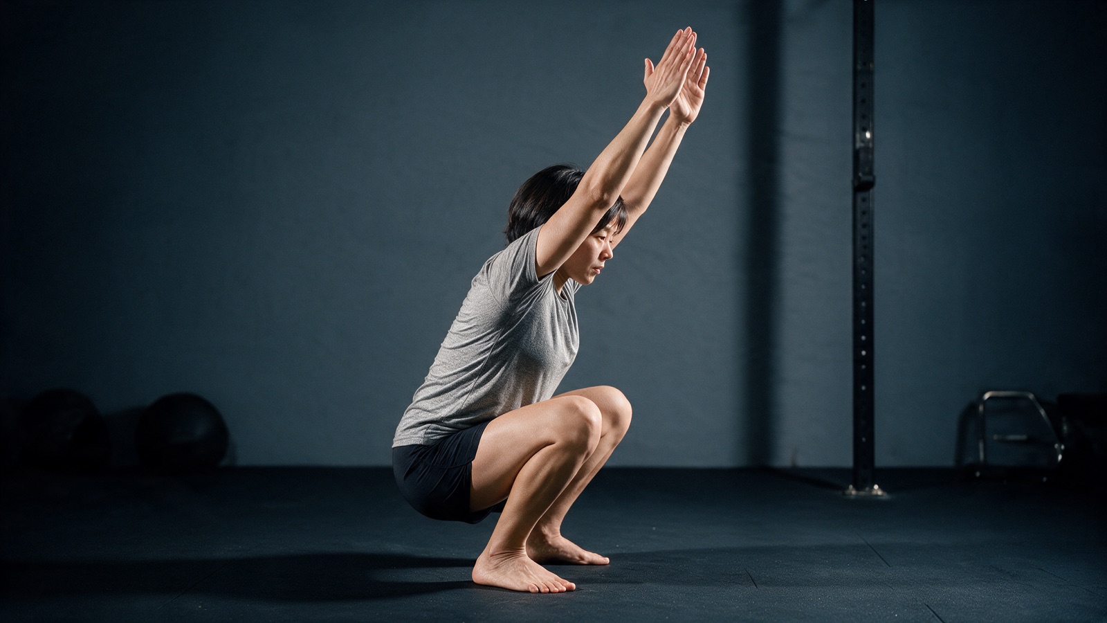A deep squat with arms overhead